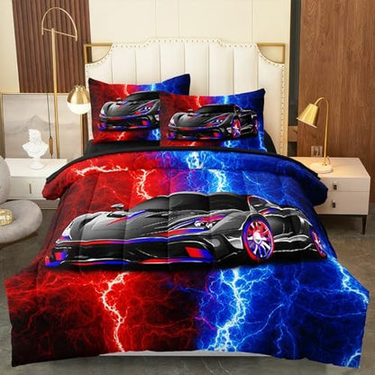 5 Pcs Twin Car Bedding Sets for Boys Teen, Red Blue Lightnings Car Twin Comforter Set for Boys, Twin Boy Bedding Set