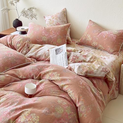 VM VOUGEMARKET Pastoral Double Layer Gauze Cotton Duvet Cover Set – Peach Blush Floral Jacquard,Cozy Reversible Vintage Bedding Set King Size