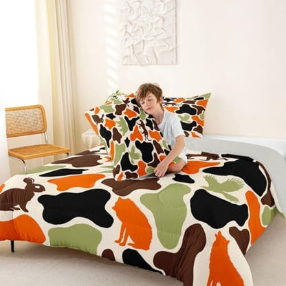 Feelyou Camouflage Bedding Set Soft for Boys Girls, Military Style Comforter Set Toddler Size Army Hunting Duvet Quilt Microfiber Rustic Bear Wolf Bedroom Decor 2 Pcs with 1 Pillow Cases
