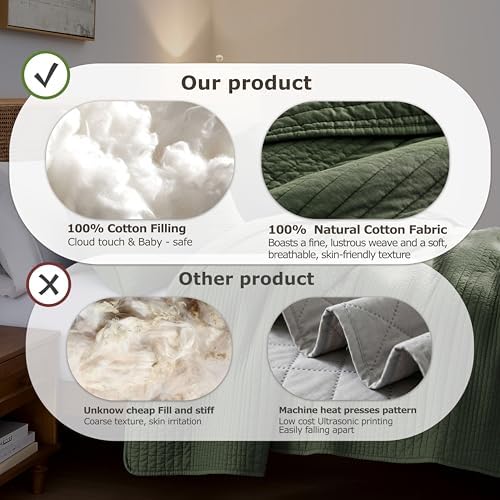 palassio Striped Olive Green 100% Cotton Quilt Twin Size Bedding Sets, Lightweight Crinkly Channel Pick Stitch Textured Bedspread Soft Shabby Chic Farmhouse Country Coverlet for All Season, 1 Sham