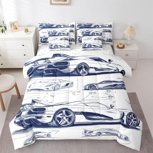 Feelyou Navy Blue Race Car Comforter Set with Sheets 7 Piece King Size Speed Sports Car Bedding Set for Kids Boys Girls Extreme Sports Bed in a Bag Room Decor Soft Lightweight Microfiber