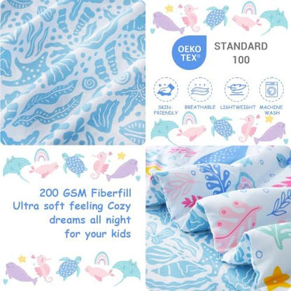 Mooreeke Toddler Bedding Sets for Girls,4 Pieces Blue Ocean Animals Printed