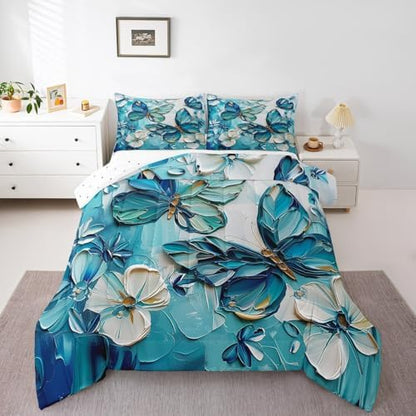 jejeloiu Teal Blue Butterfly Comforter Set King Size Kids Oil Painting Style Bedding Set for Boys Girls Teens Boho Butterfly Duvet Breathable Animal Quilt Bedroom Decor,1 Comforter with 2 Pillowcase