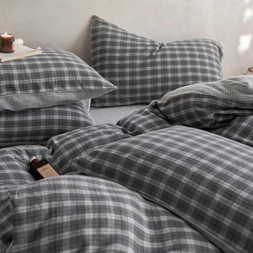 Vintage Buffalo Plaid Duvet Cover Twin XL 100% Cotton Muslin Retro Grey Plaid Grid Gingham Bedding Set Breathable Gauze Comforter Cover 3 Piece Farmhouse Gingham Duvet Cover with Zipper Closure
