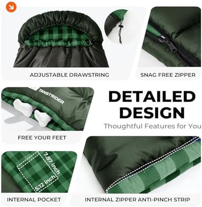 Cotton Flannel XXL Winter Sleeping Bags for Adults Big and Tall,Cold Weather 90x39 Inch Camping Sleep Bag,Waterproof Machine Washable 4 Season Outdoor Camping Gear,2-Way Zipper