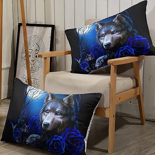 CCoutueChen Wolf Comforter Set Queen Size, Blue Rose Moon Gothic Bedding