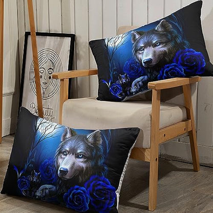 CCoutueChen Wolf Comforter Set Queen Size, Blue Rose Moon Gothic Bedding