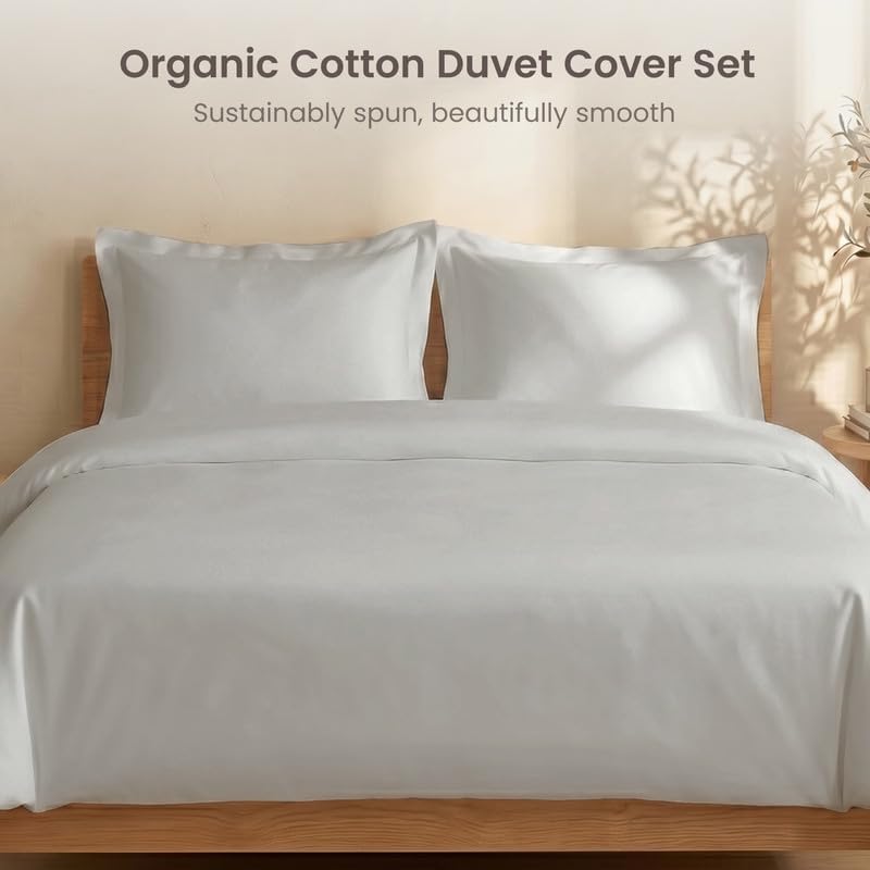 BIOWEAVES 100% Organic Cotton Full/Queen Duvet Cover Set, 3-Piece, 300 Thread Count Sateen Weave GOTS Certified Comforter Cover with Buttoned Closure and 2 Pillow Shams – Silver, 90x90 inches