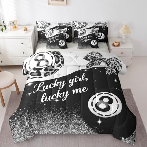 Erosebridal Black Grey Leopard 7 Piece Comforter Set King Size for Kids Boys Girls Fashion Y2K Lucky 8 Ball Bedding Set Cheetah Print Bow Bed in A Bag with Sheets Coquette Aesthetic Preppy Bed Set