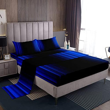 Feelyou Geometric Abstract Ombre Bed Sheets Kids Teens Dark Blue and Black Striped Sheet Set Decor Modern Fashion Bed Set Bedroom Collection 4Pcs Full Size