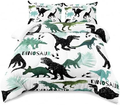 AILONEN Dinosaur Full Kids Bedding Set,Black and Green Dinosaur Comforter Set All Season,Tropic Leaves and Roaring Dinosaur Silhouette Printed Soft Comforter with 2 Pillowcases for Boys