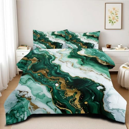 CCoutueChen Green Marble Comforter Set King Gold Marbling Texture Bedding