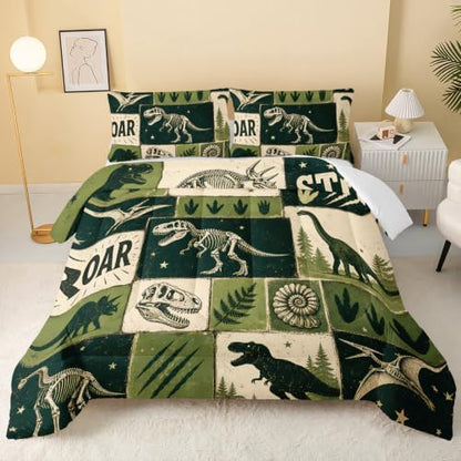 BSNTHO Dinosaurs King Size, Comforter Set Green Print Kids Comforter 3Pcs