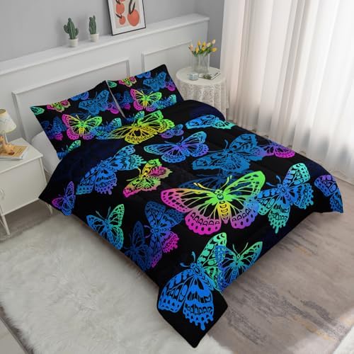 Axolotl Colorful Butterflies Bedding Set,Gradient Butterfly Comforter for Girls Kids,3 Pcs Butterfly Animal Kids Bed Set,Rainbow Butterflies Comforter for Teens Adults,1 Quilt with 2 Pillowcases King