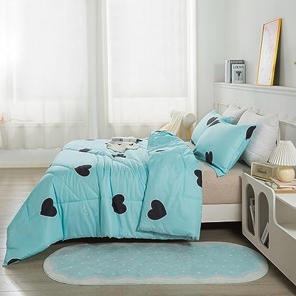 Caressma Blue Comforter Set Twin Size Black Heart 2pcs with Pillowsham