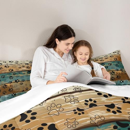 Manfei Dog Paw Comforter Set Full Size, Cartoon Animals Claw Print Bedding Set 3pcs, Rustic Farmhouse Down Comforter for Kids Boys Girls Room Decor, Brown Teal Wooden Plank Bed Set for All Season