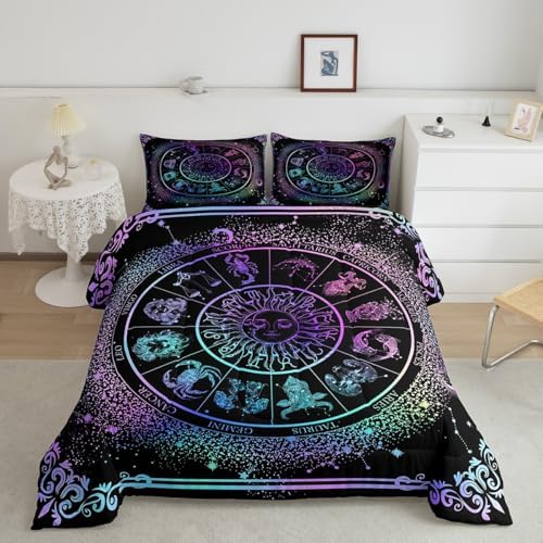 Sun and Moon Comforter Set Zodiac Signs Astrology Bedding Set Queen Constellations Galaxy Down Comforter Spiritual Gifts for Girls Teens Women,Trippy Leo Aquarius Quilt Duvet Set Purple Blue 3 Pcs