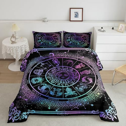 Sun and Moon Comforter Set Zodiac Signs Astrology Bedding Set Queen Constellations Galaxy Down Comforter Spiritual Gifts for Girls Teens Women,Trippy Leo Aquarius Quilt Duvet Set Purple Blue 3 Pcs
