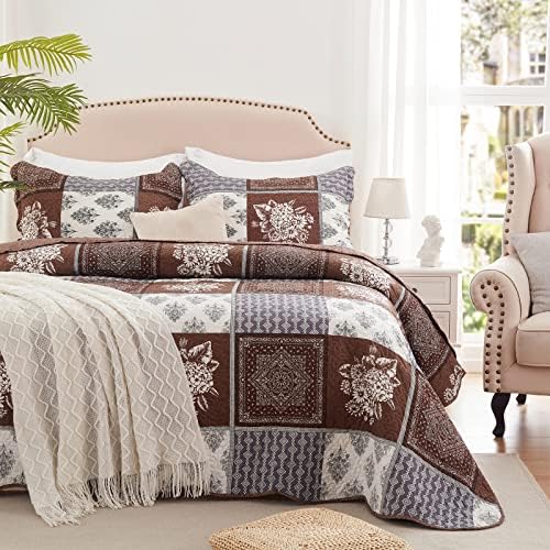 King Size Quilt Set 3 Pieces Lightweight Reversible Bedspread-98''x106'' Soft Patchwork Border Floral Coverlet Luxurious Warm Microfiber Bed Cover All Season Brown Bedding Set(1 Quilt,2 Pillow Shams)