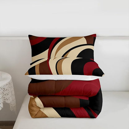 Black Red Brown Comforter Set Twin Size Vintage Abstract Stripes Bedding Set for Kids Girls Women Adult Bedroom Decor Geometric Circle Waves Quilt Set Soft Polyester Duvet Insert 2pcs