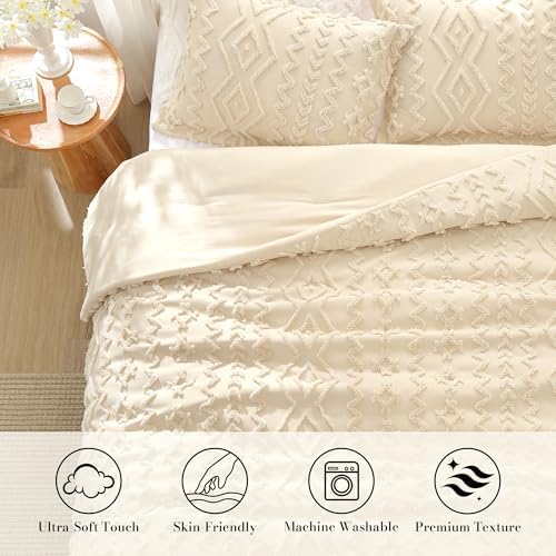 Amélie Home Tufted Boho Comforter Set Twin Size, 2 Pieces Soft Textured Bed Set, Lightweight Breathable Comforter for All Seasons, Farmhouse Shabby Chic Jacquard Bedding, Cozy Gift for Women, Beige