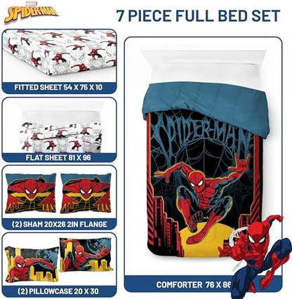 Jay Franco Kids Comforter Set Includes Sheets and Pillow Covers - Soft and Cozy Bed Set for Stylish Room Decor, Official Licensed Bedding, Black - Spiderman, 7 Piece Full