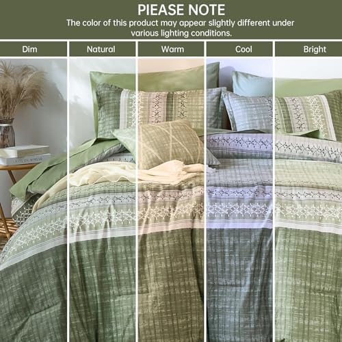 Dintszyayue Sage Green King Comforter Size Set, 8 Pieces Striped Boho Texture Bed in a Bag Sets, Lightweight Soft Bohemian Comforter and Sheet Set, All Season Microfiber Bedding Sets for Men Women