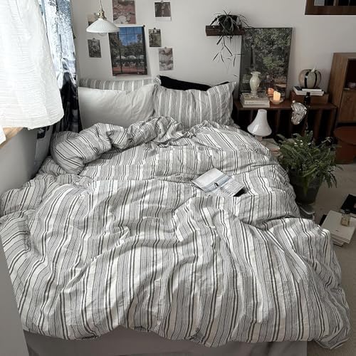 mixinni Washed Cotton Duvet Cover Twin Set - 3 Piece Gray & White Striped Bedding with Pillowcases | Vintage Industrial Style | 100% Cotton Soft Breathable-Twin Size