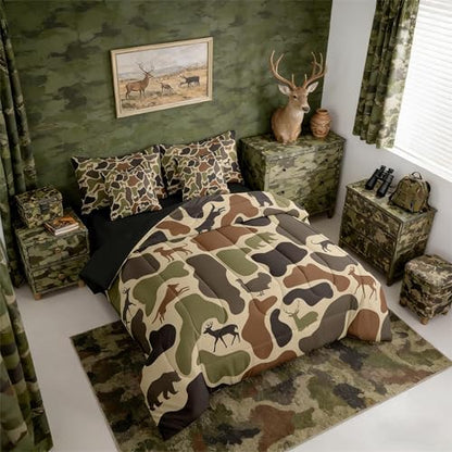 Erosebridal Deer Bear 7 Piece Bedding Set Queen Camo Comforter Set with Sheets Hound Turkey Wolf Army Print Bed in a Bag Brown Farmhouse Camouflage for Kids Boys Girls