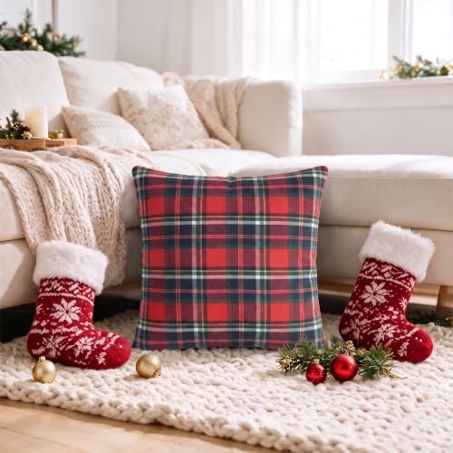 AVOIN colorlife Christmas Dark Blue Red Plaid Decorative Throw Pillow Covers, 18 x 18 Inch Holiday Scottish Tartan Cushion Case Farmhouse Decoration for Sofa Couch Set of 2