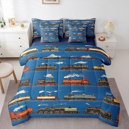 Feelyou Vintage Train Comforter Set with Sheets 7 Piece Queen Size Steam Engine Train Bedding Set for Kids Boys Girls Retro Transport Vehicle Bed in a Bag Room Decor Soft Lightweight Microfiber