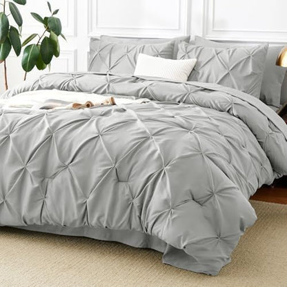CozyLux Queen Comforter Set Light Grey, 7 Pieces Pintuck Bed in a Bag