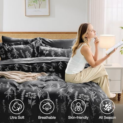 MUXHOMO Black Bed in a Bag Queen 7 Pieces, Queen Comforter Set Reversible Botanical Flowers Design, Ultra Soft & Breathable Bedding Sets with Comforter, Sheets, Pillowcases & Shams