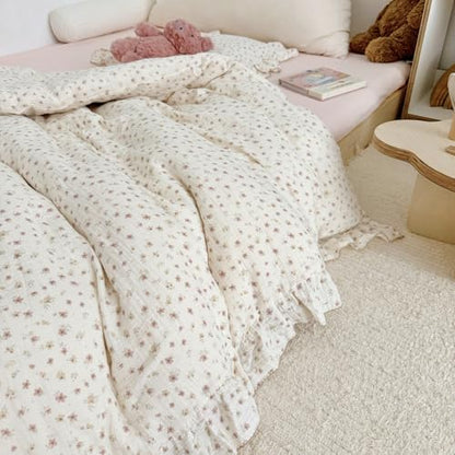 VM VOUGEMARKET Cream Duvet Cover Queen with Tiny Flower Pattern Soft Muslin Cotton Bedding Set with Ruffles,Soft,Breathable Linen Like Gauze Comforter Cover with Zipper Closure 90"x90"