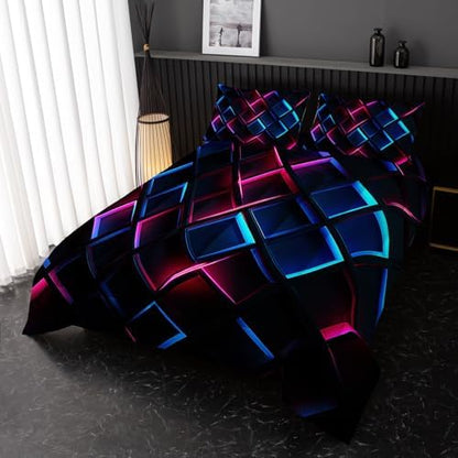 Nttopship Blue Black Geometric Comforter Set Full Size 3D Stereoscopic Square Bedding Set Honeycomb Bedding Set 3 Piece Modern Style Geometry Decor,Microfiber LightweightWith 2 Pillowcases