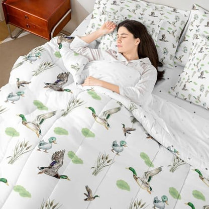 Erosebridal Mallard Duck 7 Piece Comforter Set Full Bed in A Bag Woodland Wild Duck Bedding Set for Kids Boys Girls Waterfowl Flying Ducks Sheets Rustic Farmhouse Comforter Hunting Wildlife Theme
