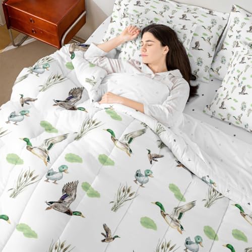 Erosebridal Mallard Duck 7 Piece Comforter Set King Bed in A Bag Woodland Wild Duck Bedding Set for Kids Boys Girls Waterfowl Flying Ducks Duvet Insert Rustic Farmhouse Sheets Hunting Wildlife Theme