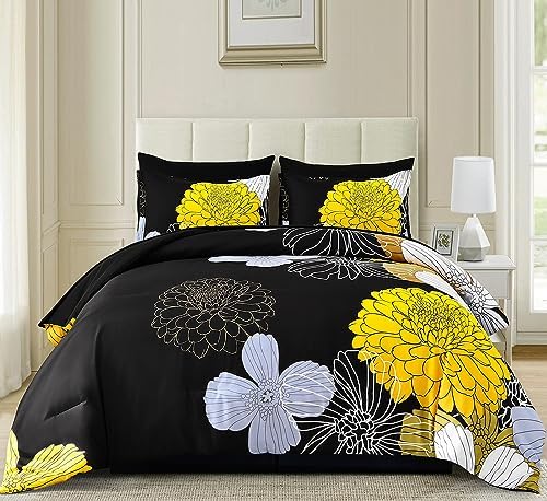 7 Pieces King Yellow Black Comforter Set Bed in a Bag Floral Bedding Set Soft Microfiber Boho Comforter (1 Comforter 1 Flat Sheet 1 Fitted Sheet 2 Pillowshams 2 Pillowcases)