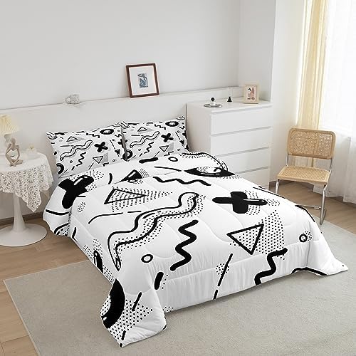 Manfei Memphis Comforter Set Queen Size, Retro 80s 90s Fashion Style Quilt Set with 2 Pillowcases, Geometric Black White Bedding Set 3pcs for Kids Boys Room Decor Lightweight Duvet Insert