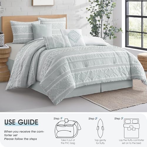 LANCO MODERN LIFESTYLE 7 Piece California King Comforter Set, Dusty Green, Elegant Jacquard with Patchwork, Stylish and Cozy Bedding Collection, Premium Bedding Set with Bedskirt, Shams and Pillows