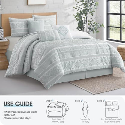 LANCO MODERN LIFESTYLE 7 Piece California King Comforter Set, Dusty Green, Elegant Jacquard with Patchwork, Stylish and Cozy Bedding Collection, Premium Bedding Set with Bedskirt, Shams and Pillows
