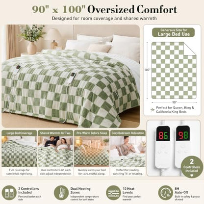 Electric Blanket Heated King Size, 90"X100" Dual Control, Sage Green