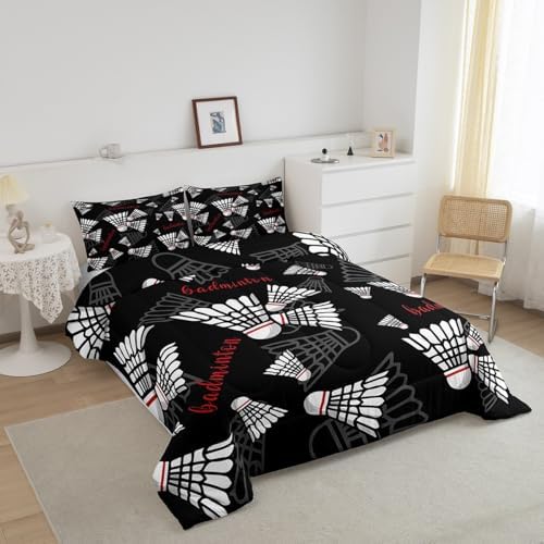 Castle Fairy Badminton King Size Comforter Set,Kids Badminton Sports Decor All Season Bedding Set,Teens Ball Games Comforter,Black White Red Decor Quilt Set Bedroom Collection 3Pcs