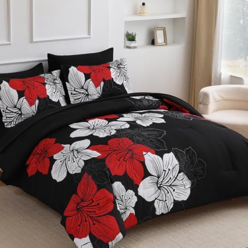 Luxudecor Red Black Comforter Set King Size, 7 Pieces Floral Bed in a Bag