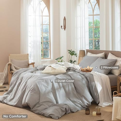 MooMee Striped Duvet Cover Set 100% Washed Cotton Linen Like King