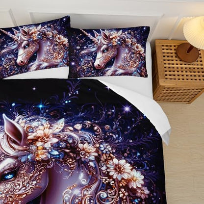 Black Unicorn Comforter Set Queen Size，Unicorn Floral Queen Bedding Set for Girls，with 1 Comforter with 2 Pillow Case
