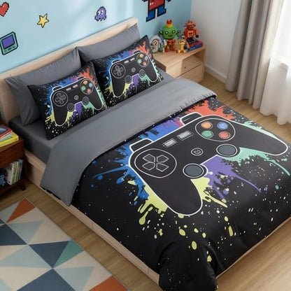 Full Comforter Set for Boys -7 Pieces Black Gamer Full Size Bedding Sets