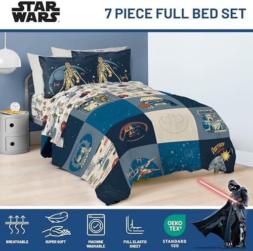 Jay Franco Star Wars Full Comforter Set 7 Piece Soft Bedding for Boys, Blue