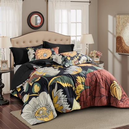 Tyrot Black Boho Floral Queen Comforter Set - 3 Piece Farmhouse Botanical Bedding Comforter Sets for All Season Soft Lightweight Mid Century Bed Set, (1 Reversible Comforter and 2 Pillow Shams