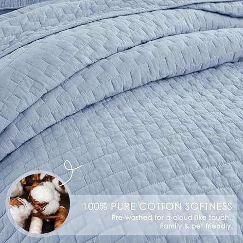 palassio Baby Blue 100% Cotton Quilt California Cal King Size Bedding Sets with 2 Pillow Shams, Textured Oversized Lightweight Bedspread Shabby Chic Coverlet, Soft Bed Cover for All Season, 3 Pieces
